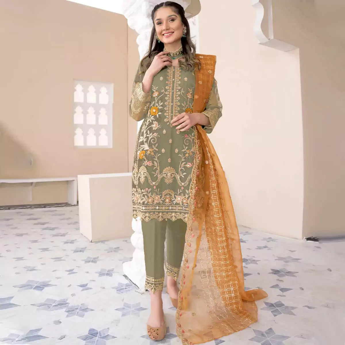 Heavy Embroidered Shirt with Embroidered Trouser & Dupatta