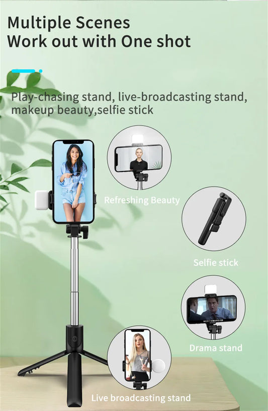 R1s Bluetooth Selfie Sticks with Remote and Selfie Light 3-in-1 Multifunctional Selfie Stick Tripod Stand Mobile Stand Compatible with All Phones 360° Rotation Long Selfie Stick with LED Fill Light