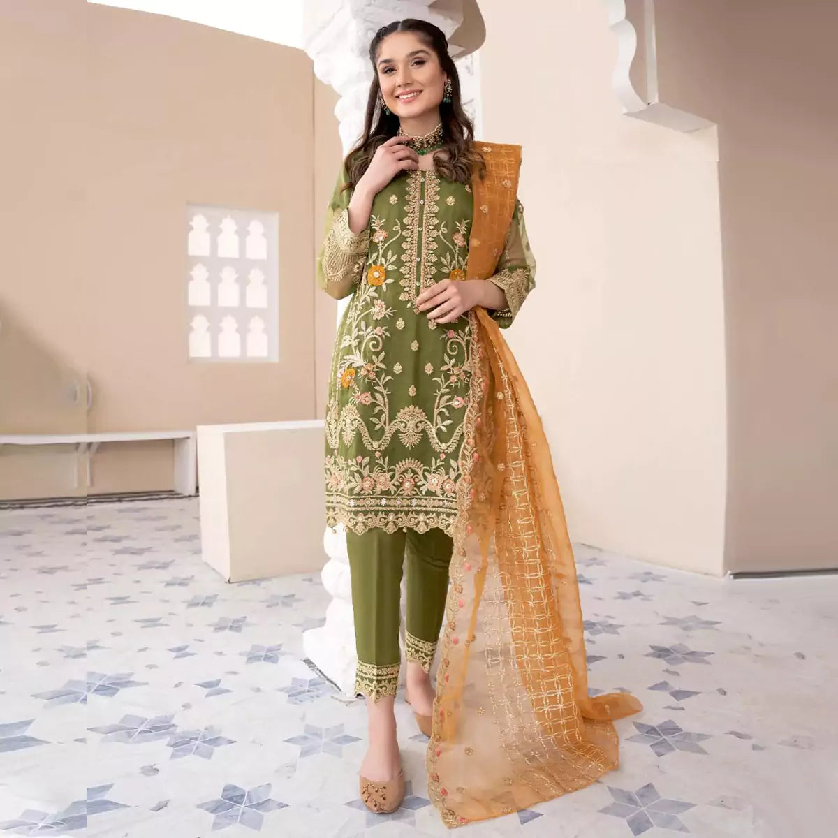 Heavy Embroidered Shirt with Embroidered Trouser & Dupatta