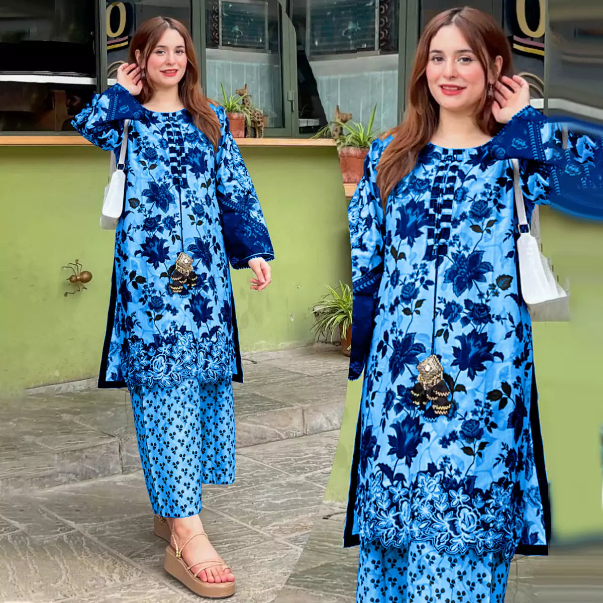 Front and Back Allover Digital Printed Handwork Shirt with Flapper Cord Set 3 Pcs