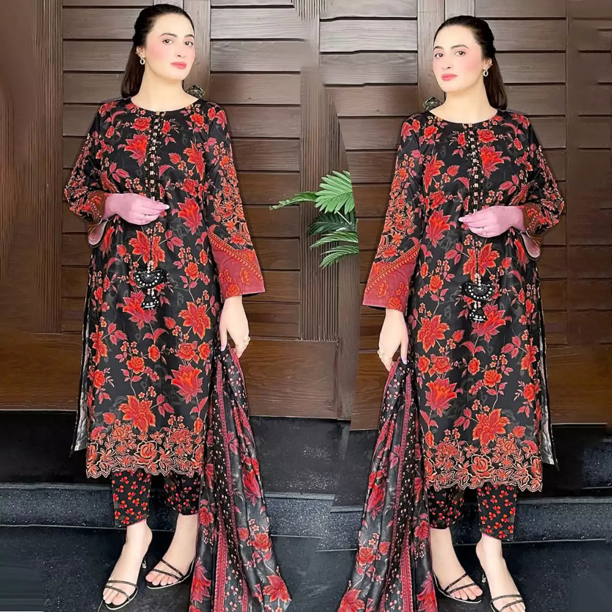 Front and Back Allover Digital Printed Handwork Shirt with Flapper Cord Set 3 Pcs
