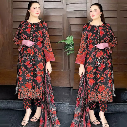 Front and Back Allover Digital Printed Handwork Shirt with Flapper Cord Set 3 Pcs