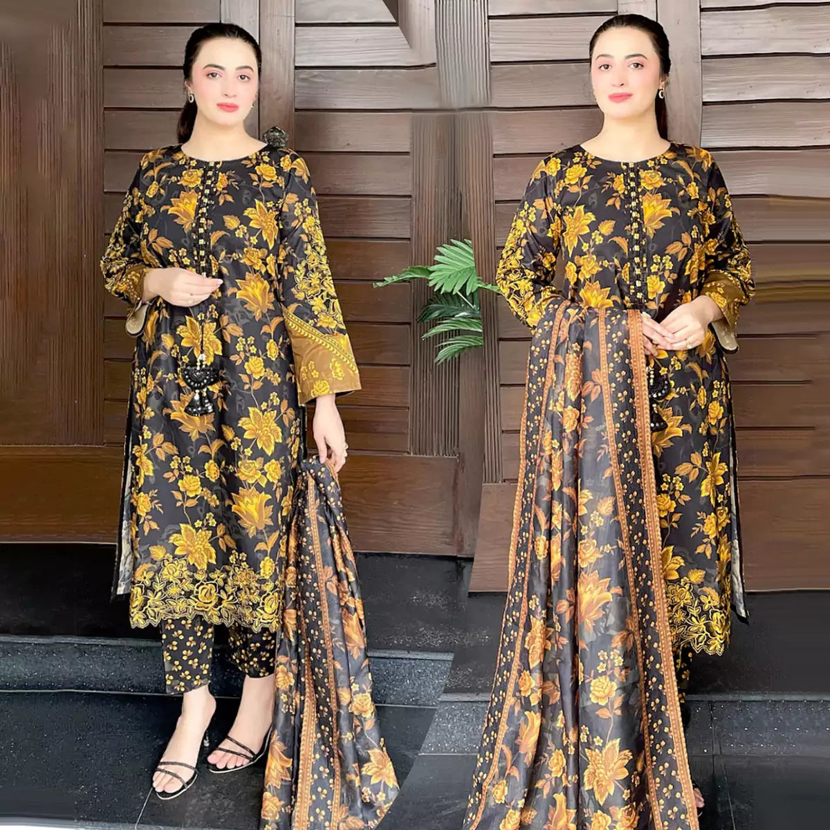 Front and Back Allover Digital Printed Handwork Shirt with Flapper Cord Set 3 Pcs
