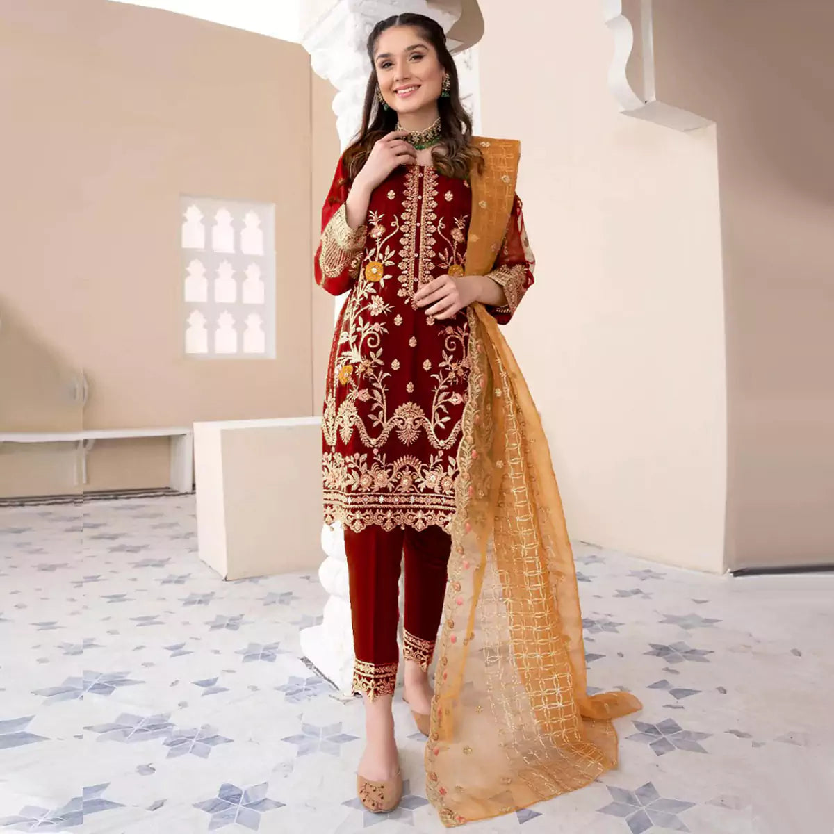 Heavy Embroidered Shirt with Embroidered Trouser & Dupatta