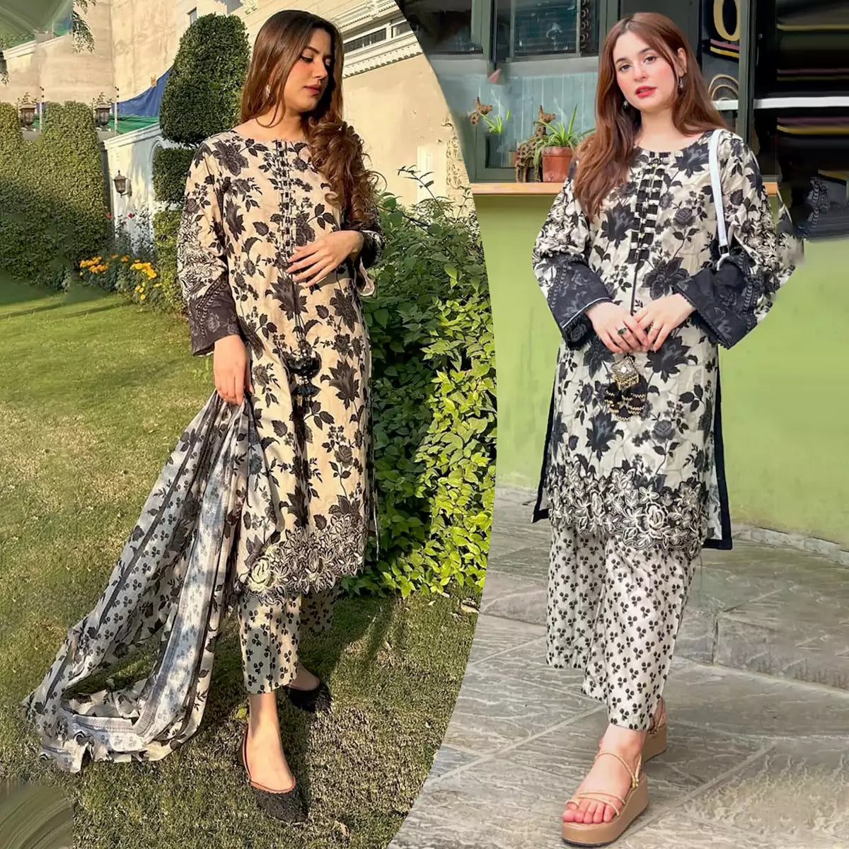 Front and Back Allover Digital Printed Handwork Shirt with Flapper Cord Set 3 Pcs