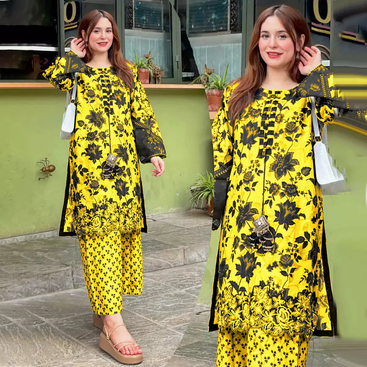 Front and Back Allover Digital Printed Handwork Shirt with Flapper Cord Set 3 Pcs