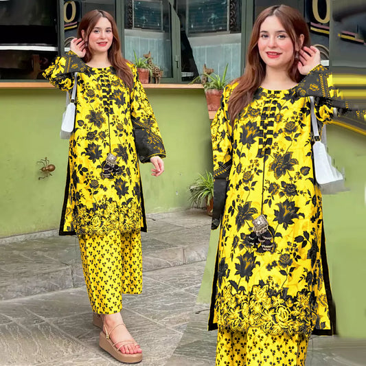 Front and Back Allover Digital Printed Handwork Shirt with Flapper Cord Set 3 Pcs