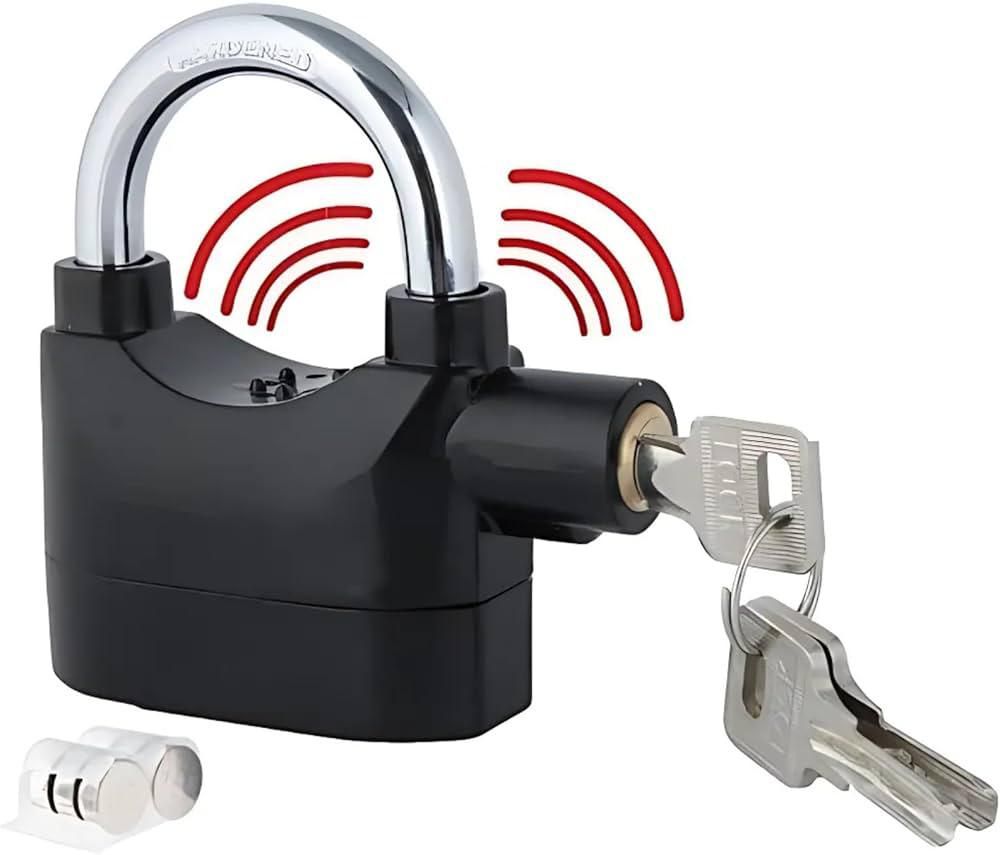 Universal Security Alarm Lock System Waterproof Black Anti Theft Siren 110Dba Alarm Anti Padlock Thickened Shackle Padlock with 3 Keys 1Pcs Polished Finish